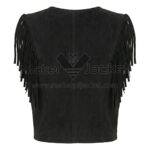 Back view of Black Suede Cropped Fringe Vest featuring a vertical center seam and long, matching fringe along the shoulder lines and sides.