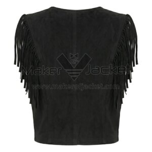 Back view of Black Suede Cropped Fringe Vest featuring a vertical center seam and long, matching fringe along the shoulder lines and sides.