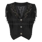 Front view of Black Suede Cropped Fringe Vest features of fringe sleeves, three silver buttons, and gold-stitched Western scroll patterns on the shoulders with MAKER OF JACKET brand label.