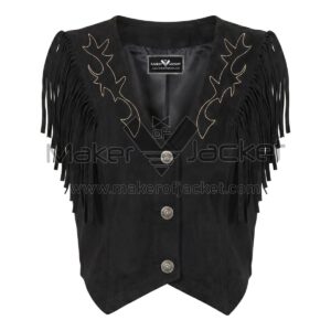 Front view of Black Suede Cropped Fringe Vest features of fringe sleeves, three silver buttons, and gold-stitched Western scroll patterns on the shoulders with MAKER OF JACKET brand label.