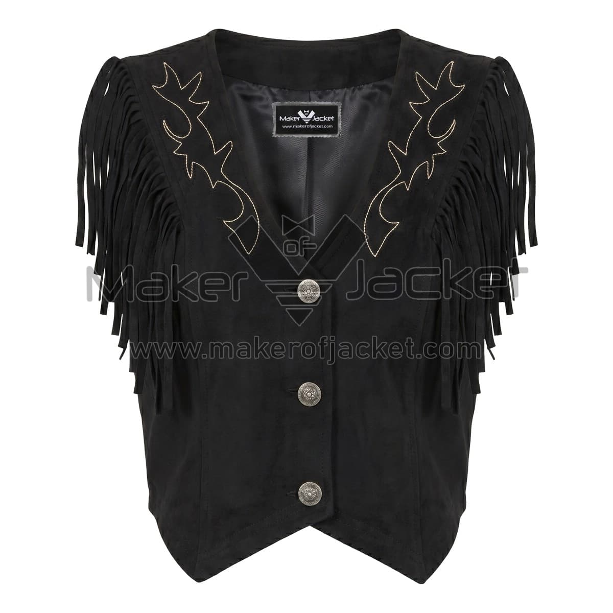 Black Suede Fringe Button Front Cropped Vest Front Front view of Black Suede Cropped Fringe Vest features of fringe sleeves, three silver buttons, and gold-stitched Western scroll patterns on the shoulders with MAKER OF JACKET brand label.