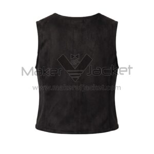 Back view of Black Suede Leather Vest featuring smooth, solid texture with subtle vertical seams for a structured, tailored fit.