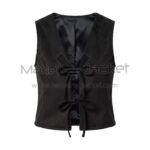 Front view of Black Suede Leather Vest featuring V-neckline and two tie-front bow closures, sleeveless design with Maker Of Jacket brand label.