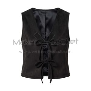 Front view of Black Suede Leather Vest featuring V-neckline and two tie-front bow closures, sleeveless design with Maker Of Jacket brand label.