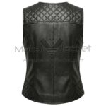 Back View of Black V-Neck Quilted Leather Vest featuring a quilted diamond-patterned upper yoke and hip panels with vertical center seam