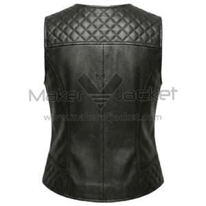 Back View of Black V-Neck Quilted Leather Vest featuring a quilted diamond-patterned upper yoke and hip panels with vertical center seam