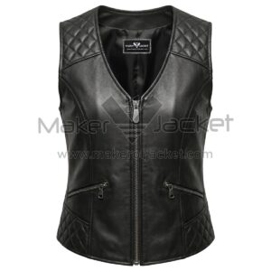 Front view of Black V-Neck Quilted Leather Vest featuring V-neck, central zipper, quilted shoulder and hip panels, and two slanted zip pockets with MAKER OF JACKET label
