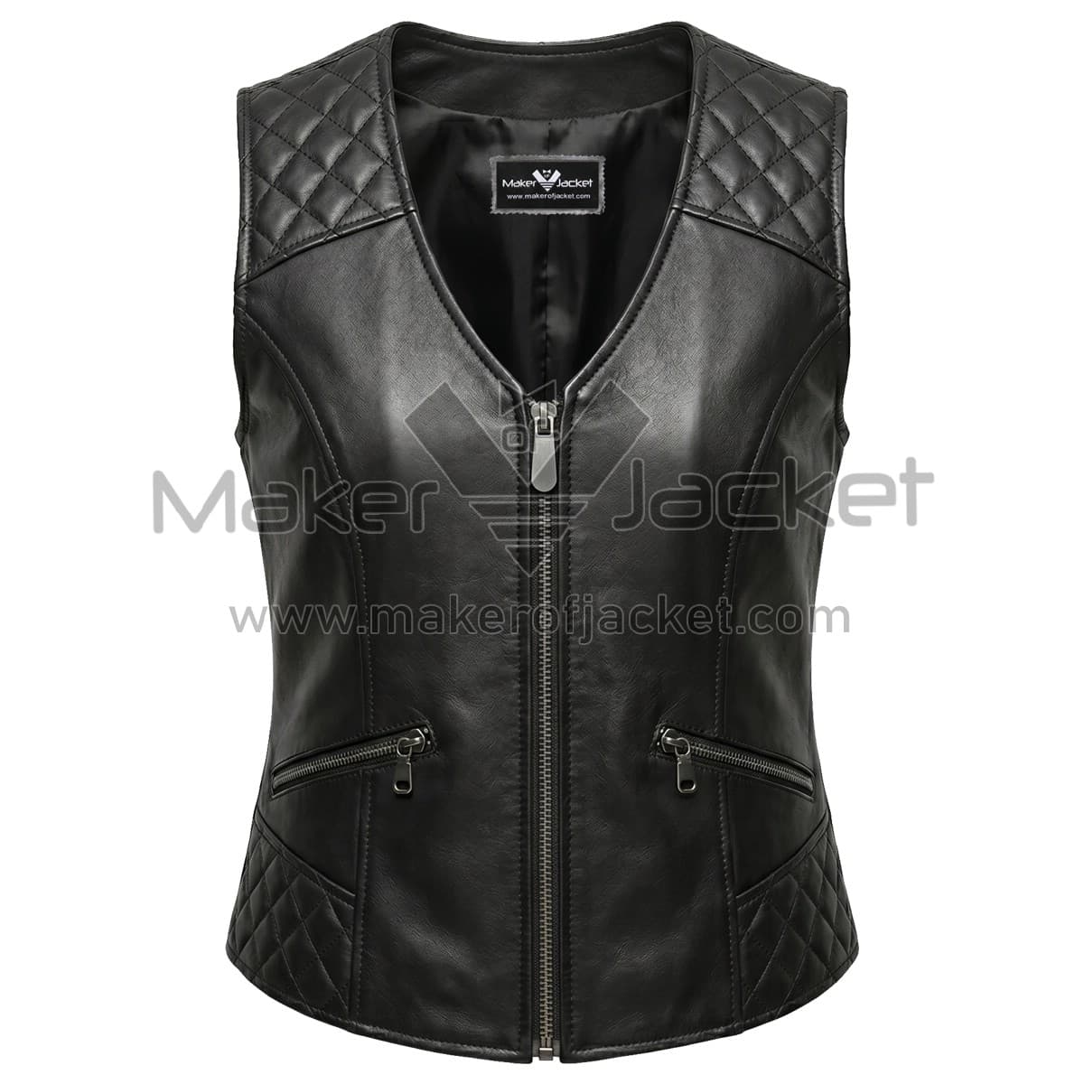 Black V Neck Quilted Leather Vest Front Front view of Black V-Neck Quilted Leather Vest featuring V-neck, central zipper, quilted shoulder and hip panels, and two slanted zip pockets with MAKER OF JACKET label
