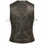 Back view of Black V Neck Studded Zip Front Leather Vest featuring a studded horizontal yoke, vertical center seam, and curved princess seams lined with silver studs.