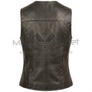 Back view of Black V Neck Studded Zip Front Leather Vest featuring a studded horizontal yoke, vertical center seam, and curved princess seams lined with silver studs.