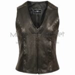 ront view of Black V Neck Studded Zip Front Leather Vest featuring deep V-neck, central zipper, and vertical rows of silver studs on the front panels and shoulders.