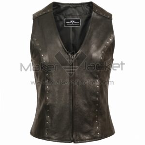 ront view of Black V Neck Studded Zip Front Leather Vest featuring deep V-neck, central zipper, and vertical rows of silver studs on the front panels and shoulders.