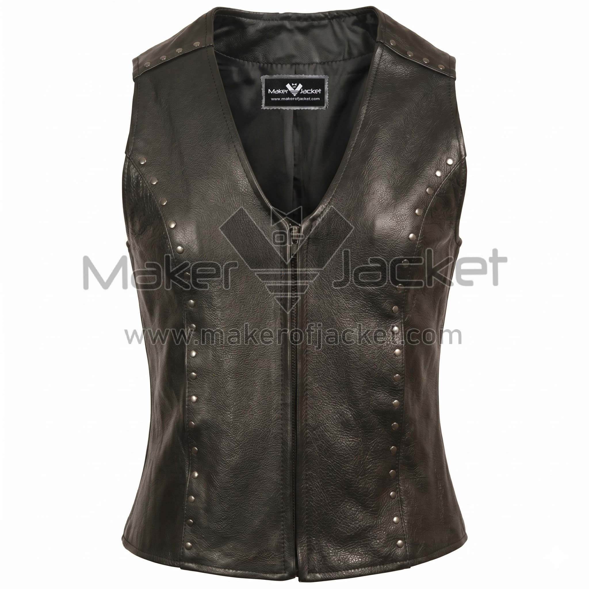 Black V Neck Studded Zip Front Leather Vest Front ront view of Black V Neck Studded Zip Front Leather Vest featuring deep V-neck, central zipper, and vertical rows of silver studs on the front panels and shoulders.