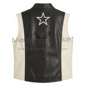 Back view of Black White Two Tone Star Applique Leather Vest featuring a high collar and a large white star patch centered at the top of the black panel.
