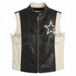 Front view of Black White Two Tone Star Applique Leather Vest featuring a snap collar, center zipper, white side panels, and white star patch on the chest.