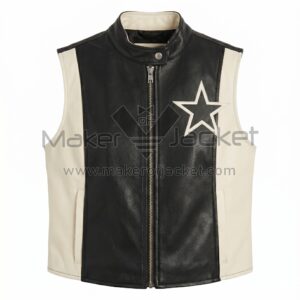 Front view of Black White Two Tone Star Applique Leather Vest featuring a snap collar, center zipper, white side panels, and white star patch on the chest.