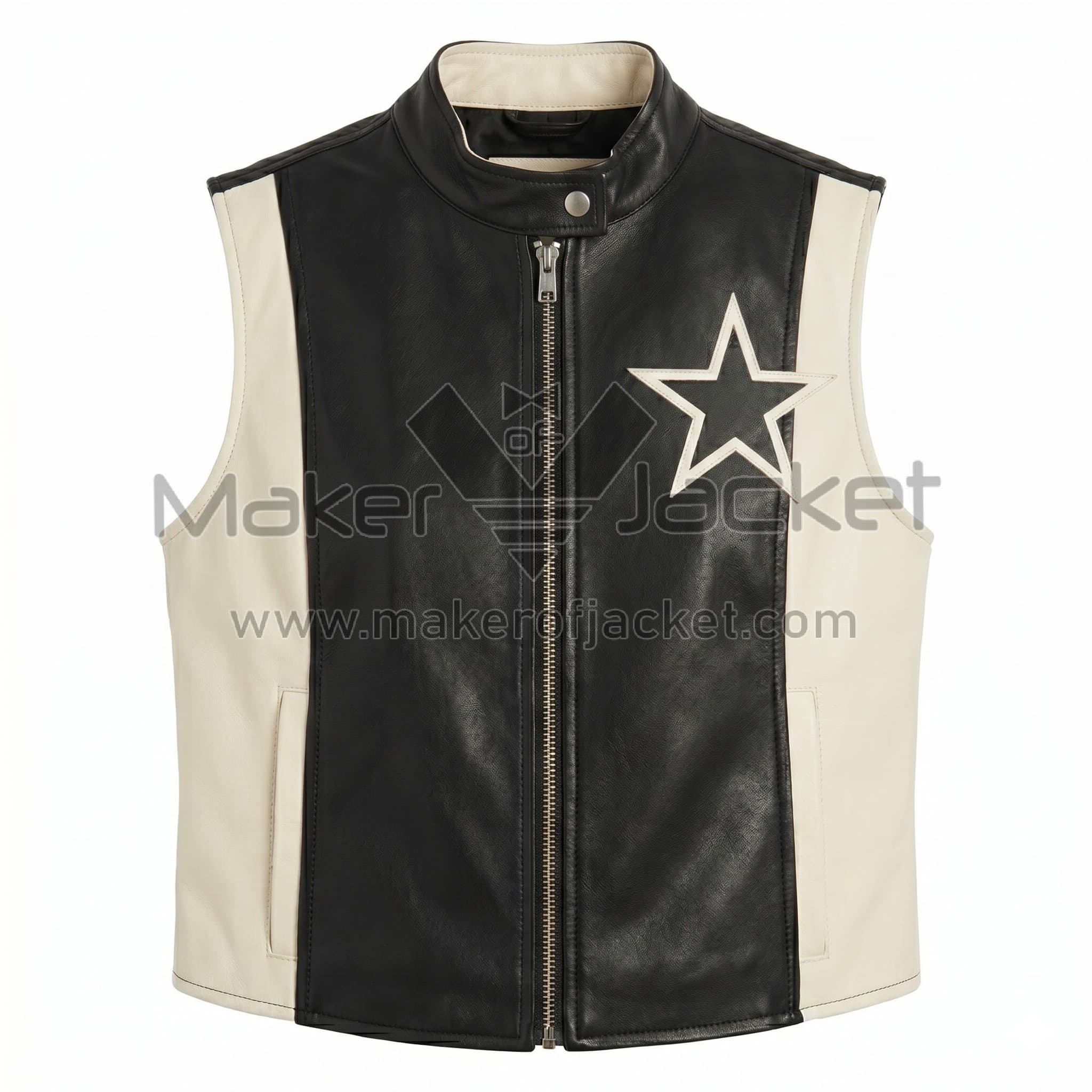 Black White Two Tone Star Applique Leather Vest Front Front view of Black White Two Tone Star Applique Leather Vest featuring a snap collar, center zipper, white side panels, and white star patch on the chest.
