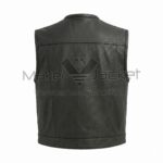 Back View of Black Zip Up Biker Leather Vest featuring a horizontal back yoke and vertical panel stitching, displayed against a plain white background.