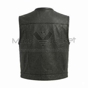 Back View of Black Zip Up Biker Leather Vest featuring a horizontal back yoke and vertical panel stitching, displayed against a plain white background.