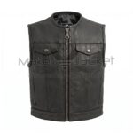 Front view of Black Zip Up Biker Leather Vest featuring center zipper, mandarin collar, two buttoned chest pockets, and side pockets with MAKER OF JACKET label