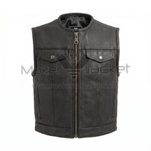 Front view of Black Zip Up Biker Leather Vest featuring center zipper, mandarin collar, two buttoned chest pockets, and side pockets with MAKER OF JACKET label