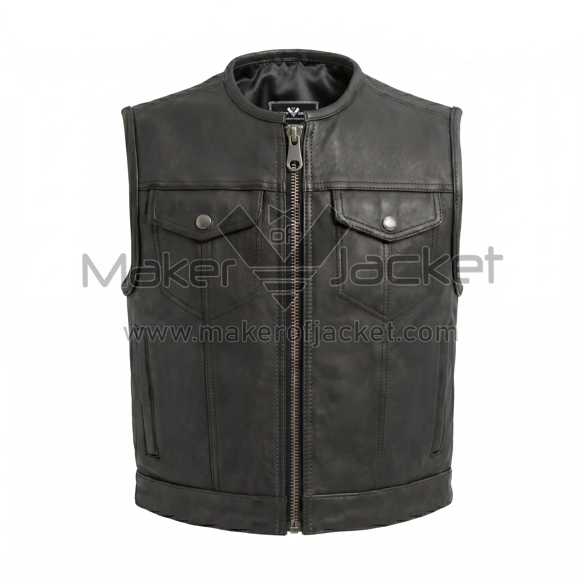 Black Zip Up Biker Leather Vest Front Front view of Black Zip Up Biker Leather Vest featuring center zipper, mandarin collar, two buttoned chest pockets, and side pockets with MAKER OF JACKET label