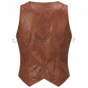 Back view of Brown Button Down Leather Vest featuring a smooth finish, visible vertical seams for structure, and a pointed hemline.