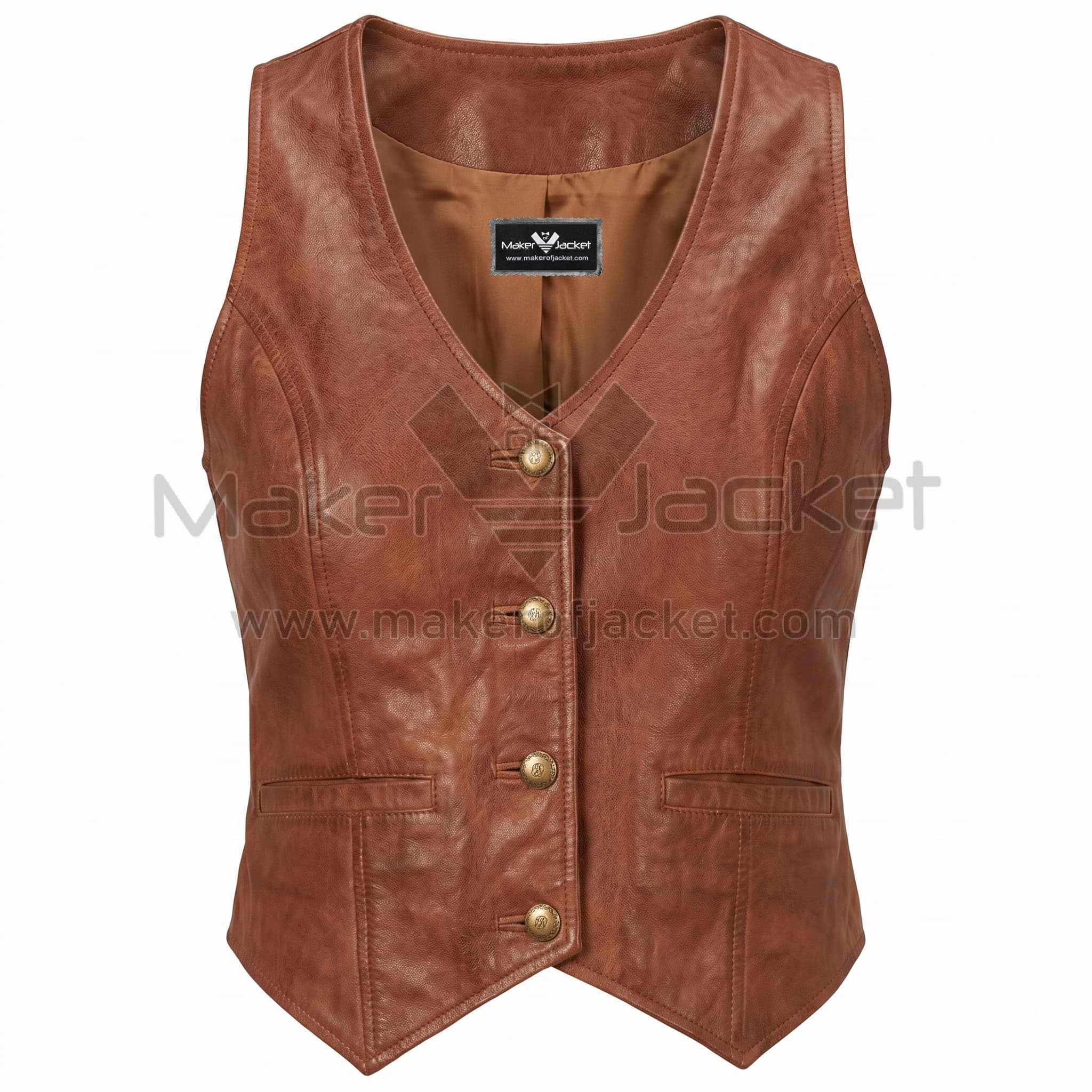 Brown Button Down Leather Vest Front Front view of Brown Button Down Leather Vest featuring a V-neckline, four brass buttons, and two small front welt pockets with Maker Of Jacket brand label.