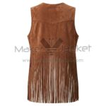 Back view of Brown Embroidered Open Front Suede Fringe Vest featuring a pointed yoke, vertical princess seams, and a long, straight fringe hem that falls below the waist.