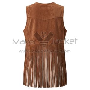 Back view of Brown Embroidered Open Front Suede Fringe Vest featuring a pointed yoke, vertical princess seams, and a long, straight fringe hem that falls below the waist.