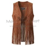 Front view of Brown Embroidered Open Front Suede Fringe Vest featuring decorative stitching on the chest and long, fringe along the entire bottom hem.
