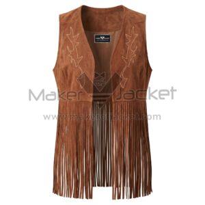 Front view of Brown Embroidered Open Front Suede Fringe Vest featuring decorative stitching on the chest and long, fringe along the entire bottom hem.