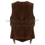 Back view of Brown Fringe Suede Leather Vest featuring fringe along the armholes and side seams, featuring a clean, unseamed back panel.