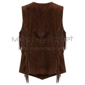 Back view of Brown Fringe Suede Leather Vest featuring fringe along the armholes and side seams, featuring a clean, unseamed back panel.
