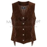 Front view of Brown Fringe Suede Leather Vest fringe along the sides,V-neckline, five silver snap buttons, and a pointed hemline with MAKER OF JACKET brand label.
