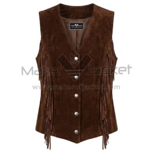 Front view of Brown Fringe Suede Leather Vest fringe along the sides,V-neckline, five silver snap buttons, and a pointed hemline with MAKER OF JACKET brand label.