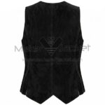 Back view of Black Snap Front Suede Vest featuring a center seam, side whipstitching, and a double-pointed waistcoat hem on a white background.