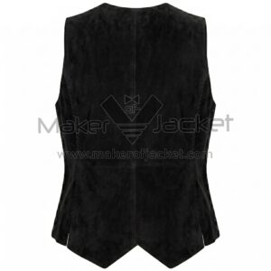 Back view of Black Snap Front Suede Vest featuring a center seam, side whipstitching, and a double-pointed waistcoat hem on a white background.