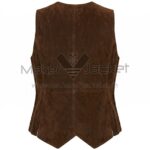 Back view of Brown Snap Front Suede Vest featuring a center seam, side whipstitching, and a double-pointed waistcoat hem on a white background.