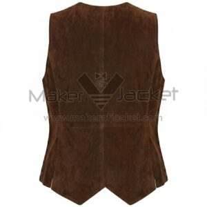 Back view of Brown Snap Front Suede Vest featuring a center seam, side whipstitching, and a double-pointed waistcoat hem on a white background.