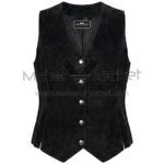Front view of Black Snap Front Suede Vest featuring V-neck, five silver snap buttons, whipstitched edges, and a double-pointed waistcoat hem with Maker Of Jacket brand label.