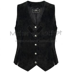 Front view of Black Snap Front Suede Vest featuring V-neck, five silver snap buttons, whipstitched edges, and a double-pointed waistcoat hem with Maker Of Jacket brand label.