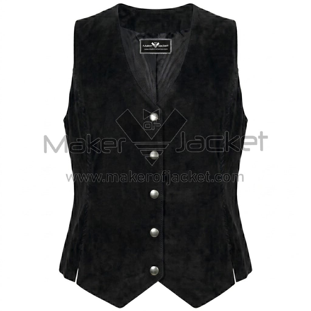 Brown Snap Front Suede Vest Front Front view of Black Snap Front Suede Vest featuring V-neck, five silver snap buttons, whipstitched edges, and a double-pointed waistcoat hem with Maker Of Jacket brand label.