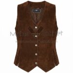 Front view of Brown Snap Front Suede Vest featuring V-neck, five silver snap buttons, whipstitched edges, and a double-pointed waistcoat hem with Maker Of Jacket brand label.