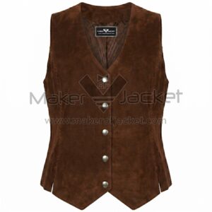 Front view of Brown Snap Front Suede Vest featuring V-neck, five silver snap buttons, whipstitched edges, and a double-pointed waistcoat hem with Maker Of Jacket brand label.