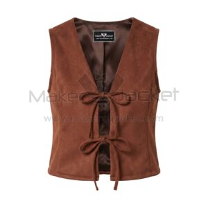 Front view of Brown Suede Leather Vest featuring V-neckline and two tie-front bow closures, sleeveless design with Maker Of Jacket brand label.