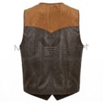 Back view of Brown Two Tone Western Leather Vest featuring a light brown suede western yoke, vertical center seam, and decorative whipstitching along the edges.