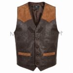 ront view of Brown Two Tone Western Leather Vest featuring light brown suede shoulder yokes, whipstitch detailing, four buttons, and two welt pockets.
