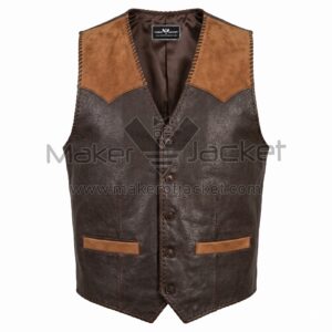 ront view of Brown Two Tone Western Leather Vest featuring light brown suede shoulder yokes, whipstitch detailing, four buttons, and two welt pockets.
