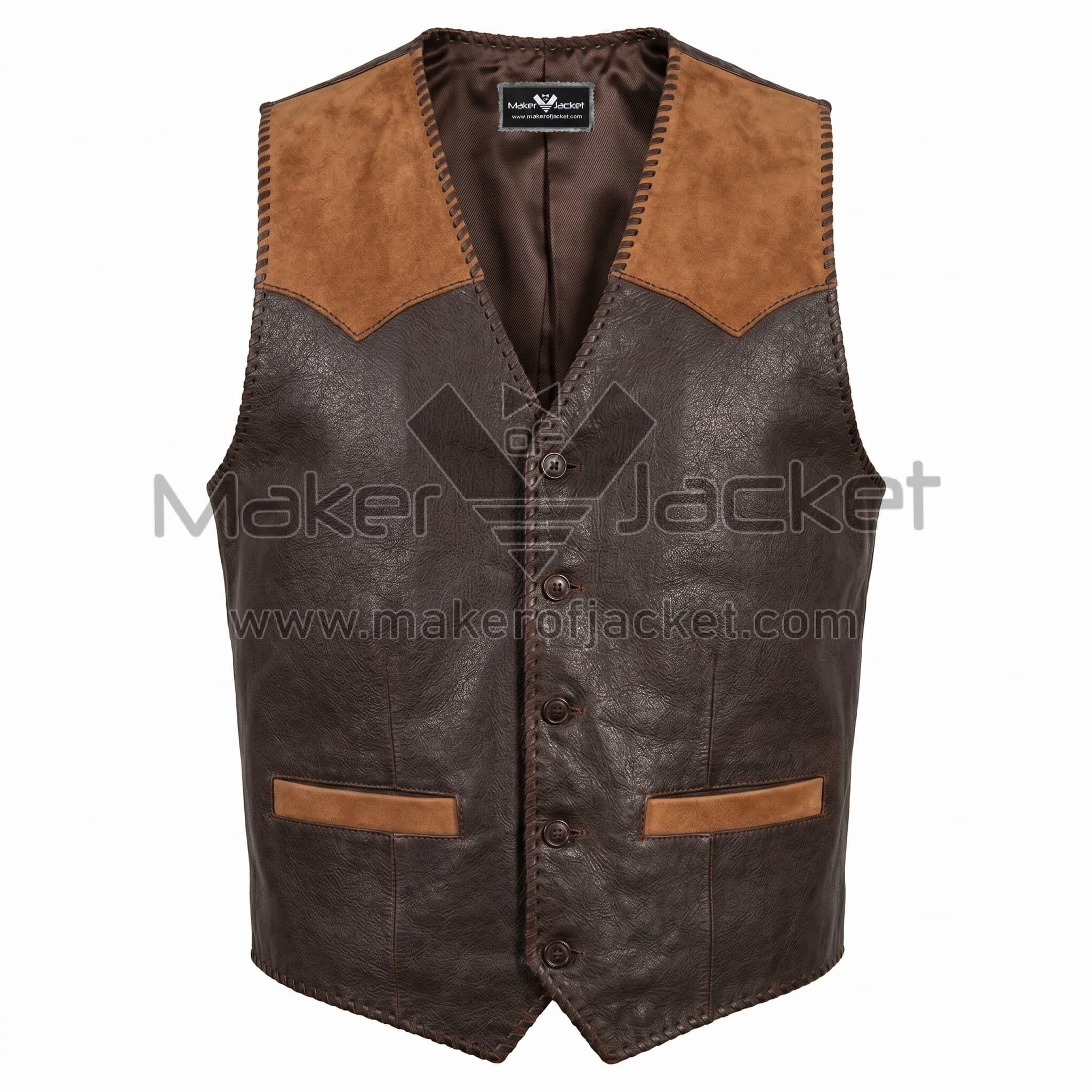 Brown Two Tone Western Leather Vest Front ront view of Brown Two Tone Western Leather Vest featuring light brown suede shoulder yokes, whipstitch detailing, four buttons, and two welt pockets.